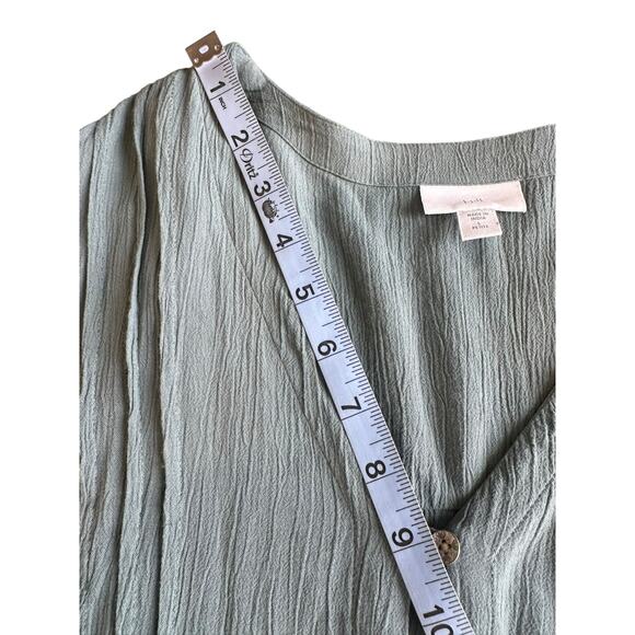 J. Jill Blouse Green V-Neck Work Embroidered Button Up Shirt Large Petite - Picture 10 of 12